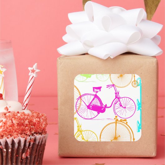 modern fietspatroon, helder kleurneonpatroon vierkante sticker (Feest)