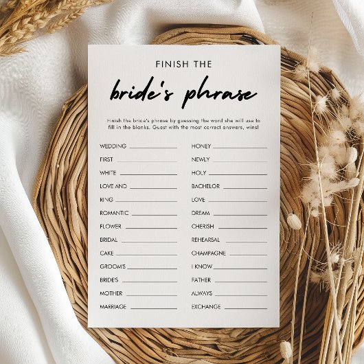 Modern Finish the Bride's Phrase Bridal Game Kaart
