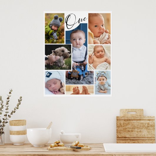 Modern First Birthday Photo Collage Keepomwille Poster (Keuken)