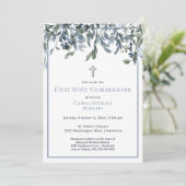 Modern First Heilige Communie Greenery Blue Flower Kaart (Staand voorkant)