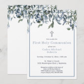 Modern First Heilige Communie Greenery Blue Flower Kaart (Voorkant / Achterkant)
