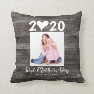 Modern First Moederdag Script Heart Photo Wood Kussen
