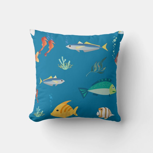 Modern Fish and Seahorse illustrated Pattern Blue Kussen (Voorkant)
