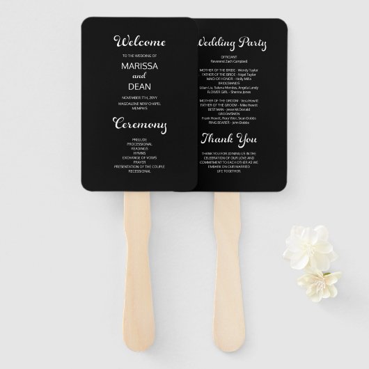 Modern Flair Script Minimal Black Wedding Program Handwaaier (Voorkant en achterkant)
