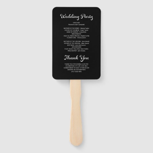 Modern Flair Script Minimal Black Wedding Program Handwaaier (Achterkant)