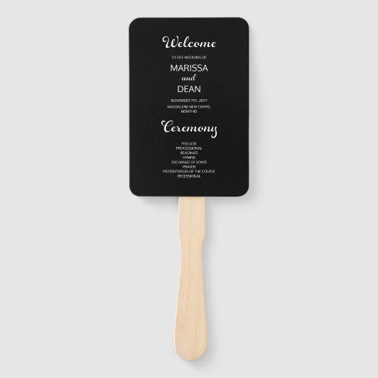 Modern Flair Script Minimal Black Wedding Program Handwaaier (Voorkant)