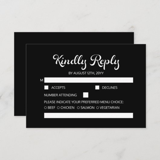 Modern Flair Script minimalistisch zwart bruiloft RSVP Kaartje (Voorkant / Achterkant)