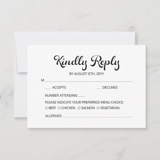 Modern Flair Script minimalistische witte bruiloft RSVP Kaartje (Voorkant)
