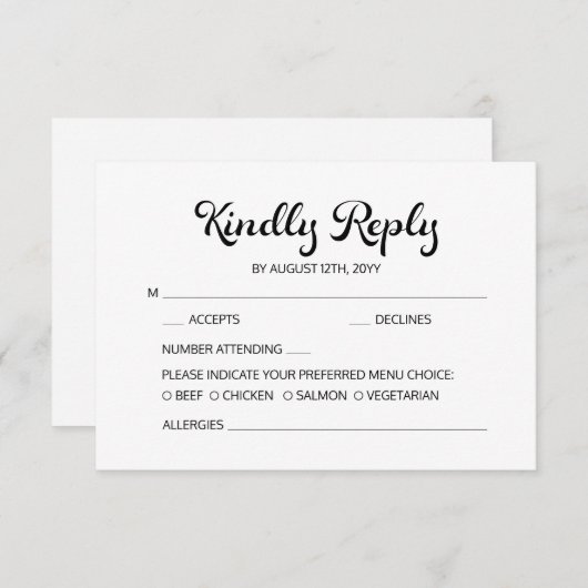 Modern Flair Script minimalistische witte bruiloft RSVP Kaartje (Voorkant / Achterkant)