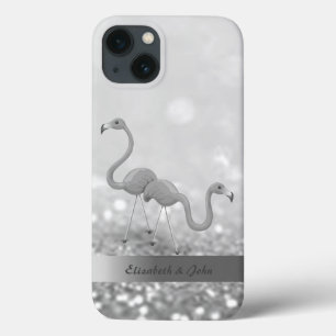 Modern Flamingos Silver Glitter Bokeh iPhone 13 Hoesje