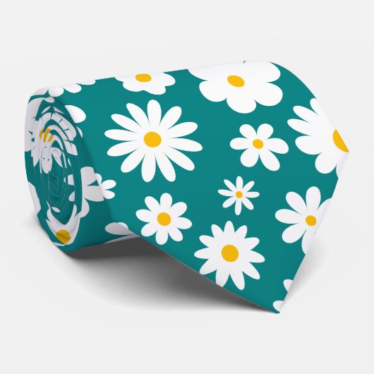 Modern Flat Graphic Daisy Blauwgroen Stropdas (Opgerold)