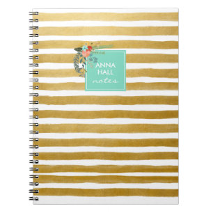Modern Floral Aqua en Gold Foil Stripes Notitieboe Notitieboek