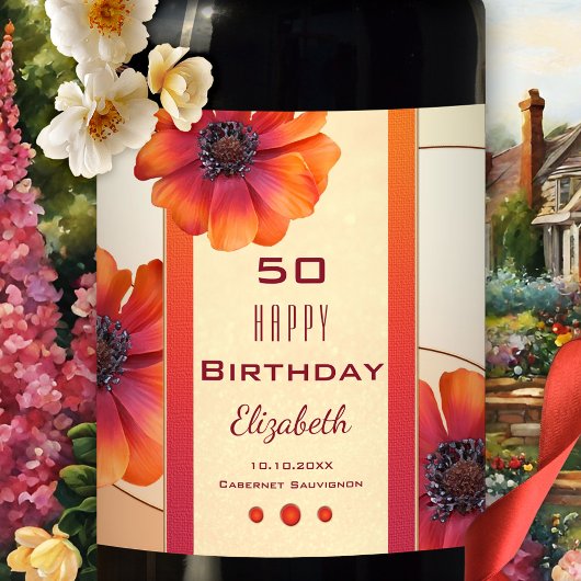 Modern Floral Birthday Wine Label Wijn Etiket