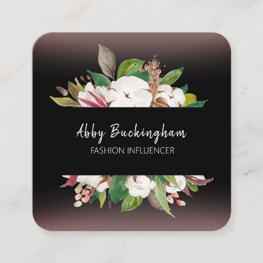 Modern Floral Black met QR-code Vierkante Visitekaartje (Voorkant)