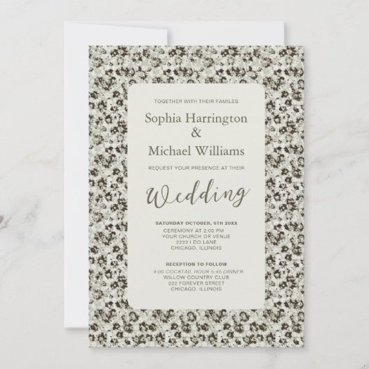 Modern Floral Black & White Wedding Invite QR Code Kaart (Voorkant)