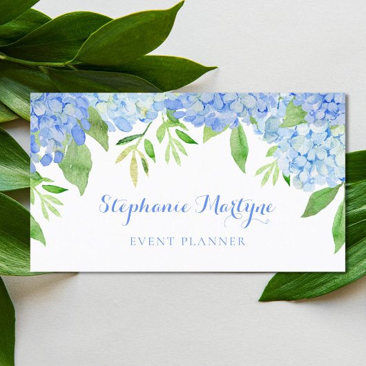 Modern Floral Blue Hydrangea Foliage Waterverf Visitekaartje