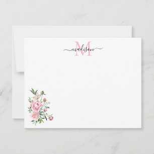 Modern Floral Blush Pink Waterverf Roos Monogram Notitiekaartje