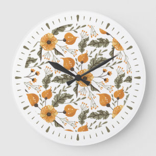 Modern Floral Botanical Pattern Golden Green Grote Klok