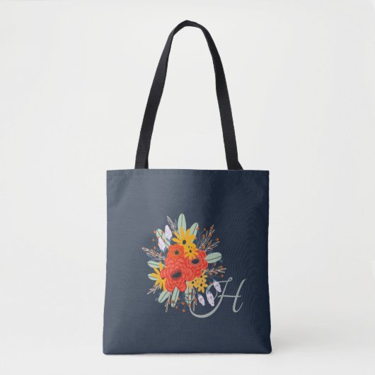 Modern Floral Bouquet Monogram Blue Draagtas (Voorkant)