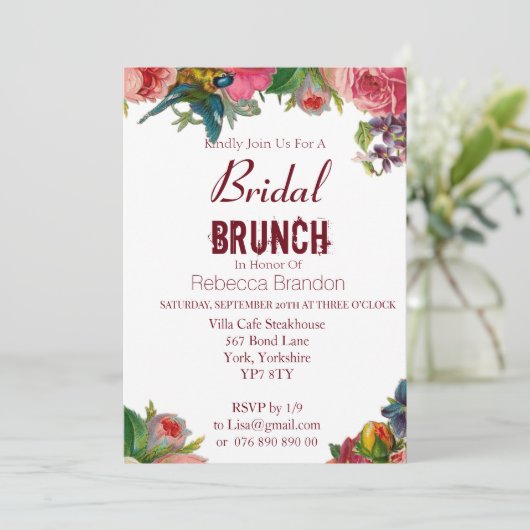 Modern Floral Burgundy Bridal Brunch Kaart (Staand voorkant)