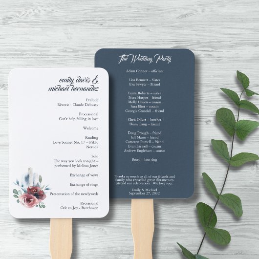 Modern Floral Burgundy Navy Peach Blush Programme Handwaaier