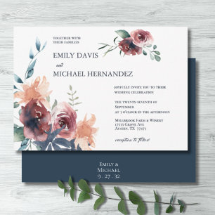 Modern Floral Burgundy Navy Peach Blush Wedding Kaart
