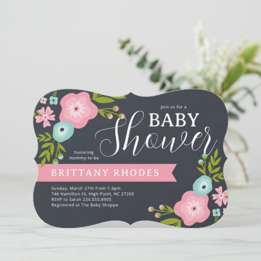 Modern Floral Chalkboard Baby shower Invitation Kaart (Staand voorkant)