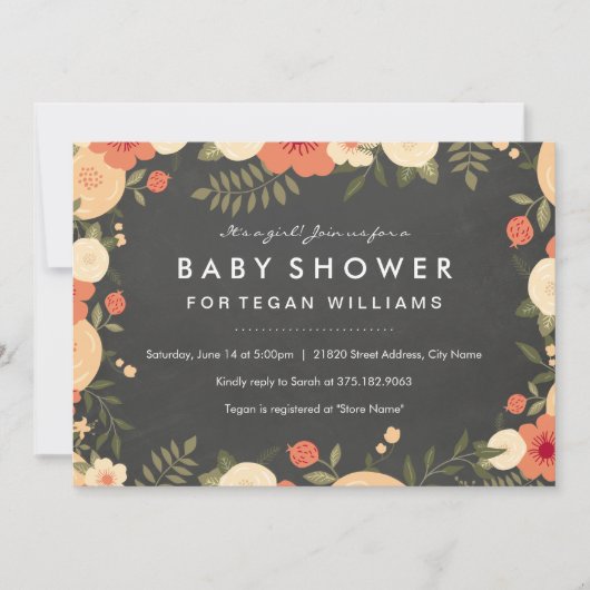 Modern Floral Chalkboard Baby shower Invitation Kaart (Voorkant)
