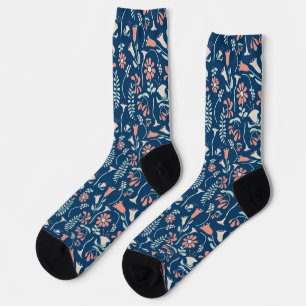 Modern Floral Coral, Navy, Mint Green Patterned Sokken