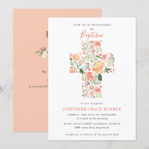 Modern Floral Cross Religieuze Blush Peach Baptism Kaart