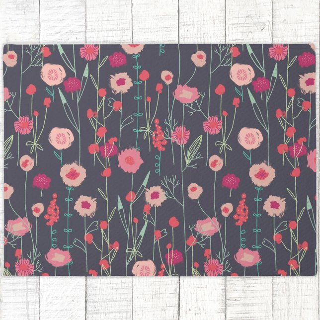 Modern Floral Dark Deurmat (Plymouth Flowers dark boho pink wildflower art doormat)