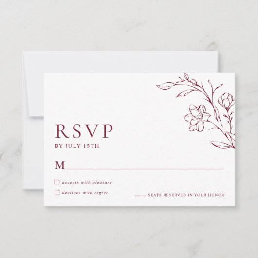Modern Floral Elegant Burgundy Wedding RSVP Card (Devant)