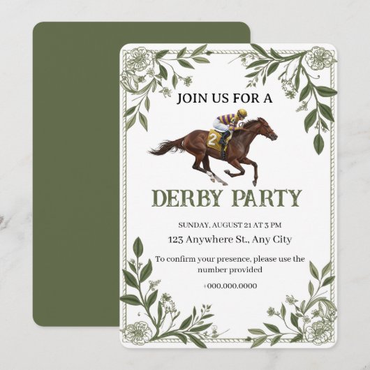 Modern Floral Equestrian Derby Invitation Kaart (Voorkant / Achterkant)
