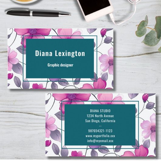 Modern Floral Fuchsia Groen Visitekaartje