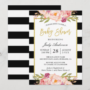 Modern Floral Gold Black White Stripes Baby shower Kaart