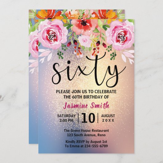 Modern Floral Gold Glitter 60th Birthday Kaart (Voorkant / Achterkant)