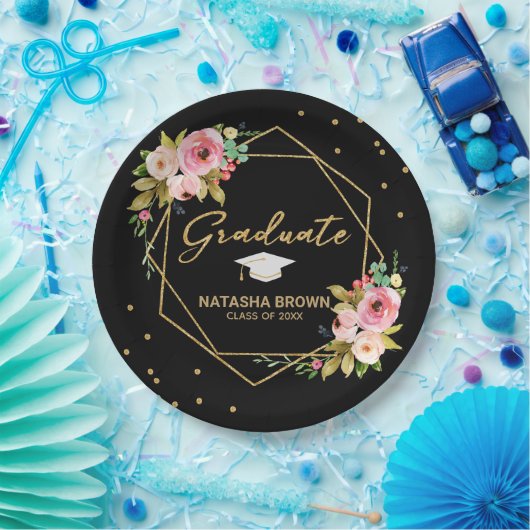 Modern Floral Gold Glitter Geometric Afstuderen Papieren Bordje (Feest)