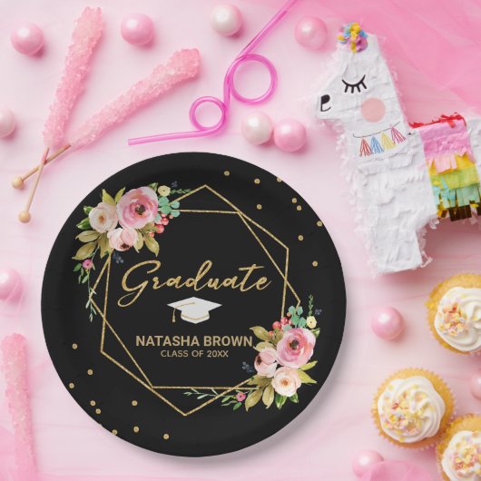 Modern Floral Gold Glitter Geometric Afstuderen Papieren Bordje (Feest)