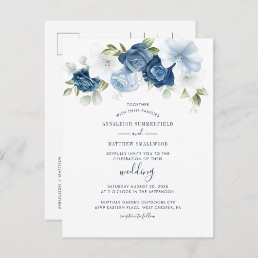 Modern Floral Greenery Dusty Blue Wedding Uitnodiging Briefkaart (Voorkant / Achterkant)