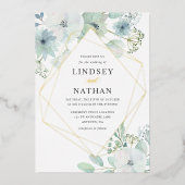 Modern Floral Greenery Geometric Wedding Gold Folie Uitnodiging (Voorkant)