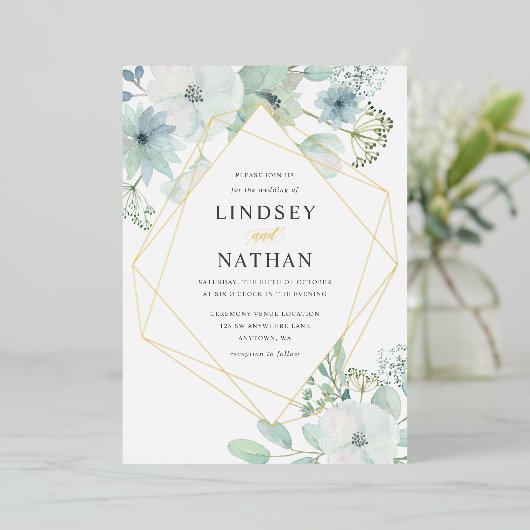Modern Floral Greenery Geometric Wedding Gold Folie Uitnodiging (Staand Voorkant)