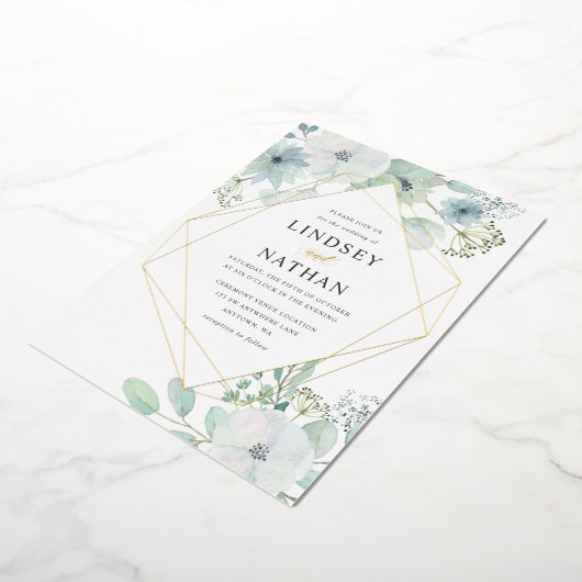 Modern Floral Greenery Geometric Wedding Gold Folie Uitnodiging (Gedraaid)