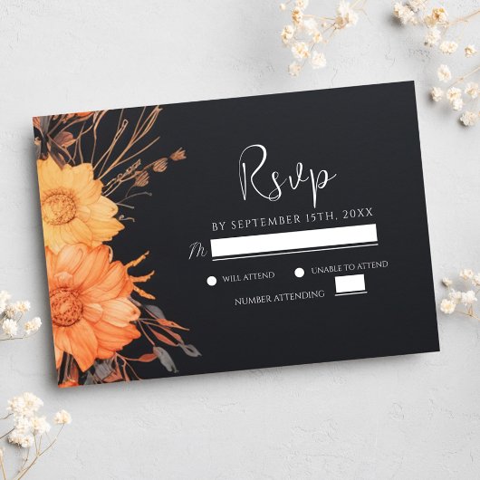 Modern Floral Herfst Zwart Bruiloft RSVP Kaartje