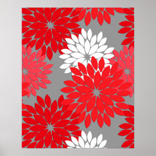 Modern Floral Kimono Print, Coral Red en Grey Poster