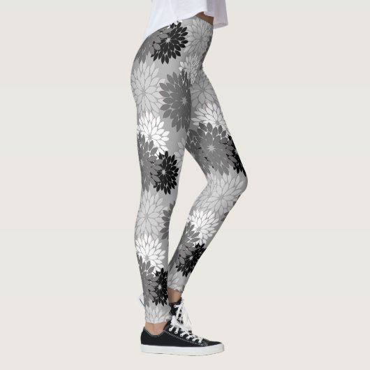 Modern Floral Kimono Print, grijs, zwart en wit Leggings (Rechts)