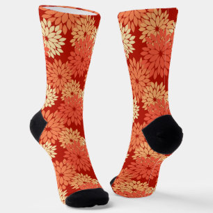 Modern Floral Kimono Print, Mandarijns Oranje Sokken