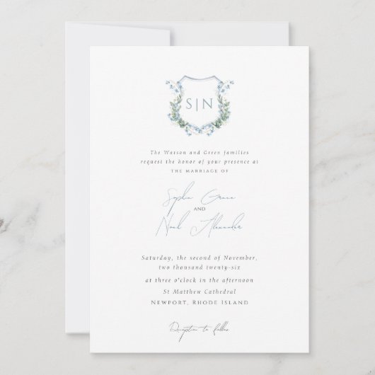 Modern Floral Monogram Crest Formal  Wedding Kaart (Voorkant)