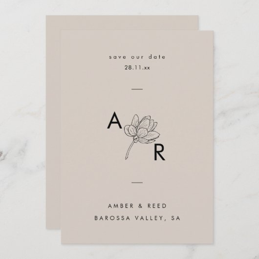 Modern Floral Monogram Elegant Eenvoudig Neutraal Save The Date (Voorkant / Achterkant)