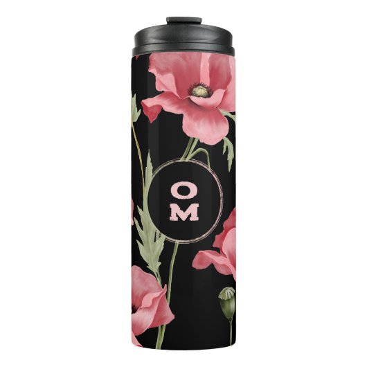 Modern Floral Monogram Roze Zwart Klaproos Thermosbeker (Voorkant)