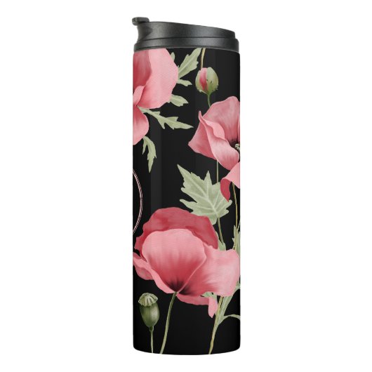 Modern Floral Monogram Roze Zwart Klaproos Thermosbeker (Geroteerd rechts)